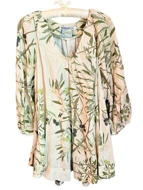 Bernadette Linen Blouse  Dress  Tunic Olive Botanical Print Size 34